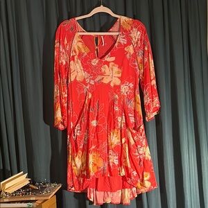 Free People Flared & Floral Red Dress